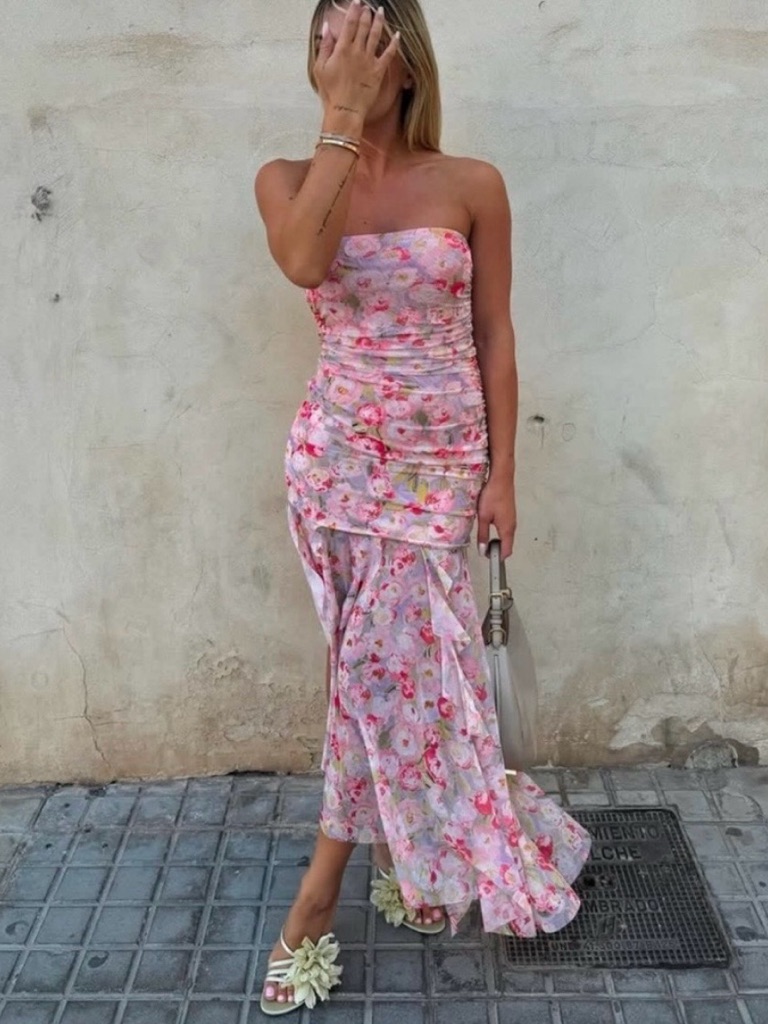 Zara Pink Floral Strapless Ruched Midi Dress